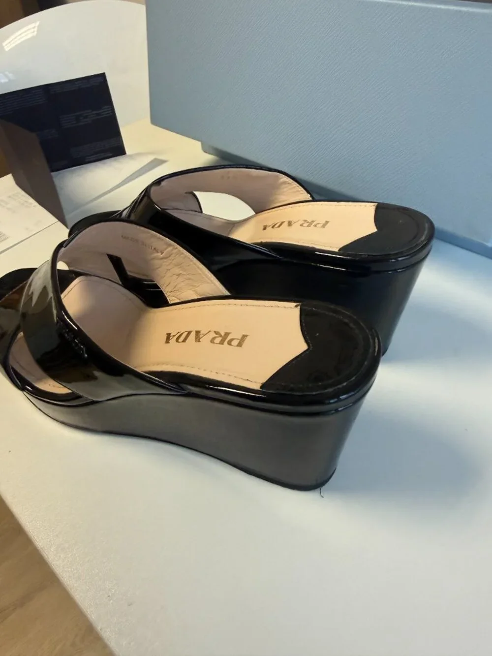 Prada Black Patent Leather Criss Cross Wedge Mule 37.5 Box Receipt Italy